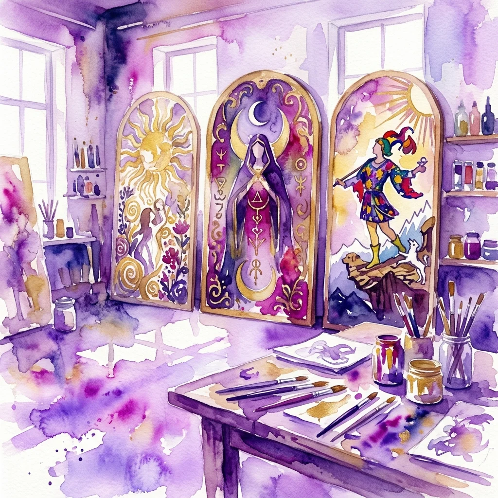 Watercolor illustration of an artist's studio featuring three large wooden panels depicting tarot card figures in a baroque-pop art style, with paintbrushes and supplies on a table in the foreground.