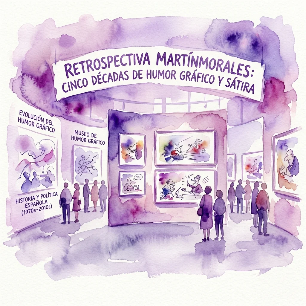 Ilustración en acuarela de la exposición retrospectiva de Martínmorales, que muestra sus dibujos satíricos sobre la historia y la política españolas desde la década de 1970 hasta la de 2010, con visitantes contemplando las obras de arte.