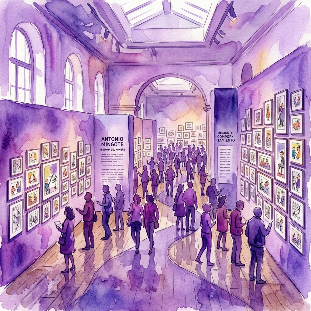 Waterverftekening van een museumgalerie met bezoekers die ingelijste tekeningen van Antonio Mingote bekijken, getiteld 'Historia del Hombre' en 'Humor y Comportamiento', tentoongesteld op paarse muren.