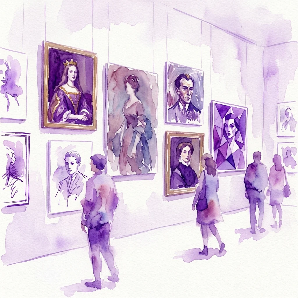 Ilustración en acuarela de visitantes contemplando una exposición en una galería con retratos diversos en varios estilos y marcos, incluyendo interpretaciones clásicas y modernas.