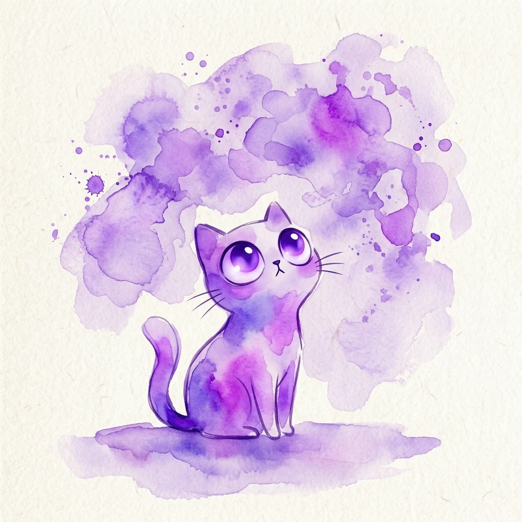 A whimsical purple watercolor illustration of a minimalist cat with large expressive eyes, surrounded by abstract purple ink splatters on textured paper.
