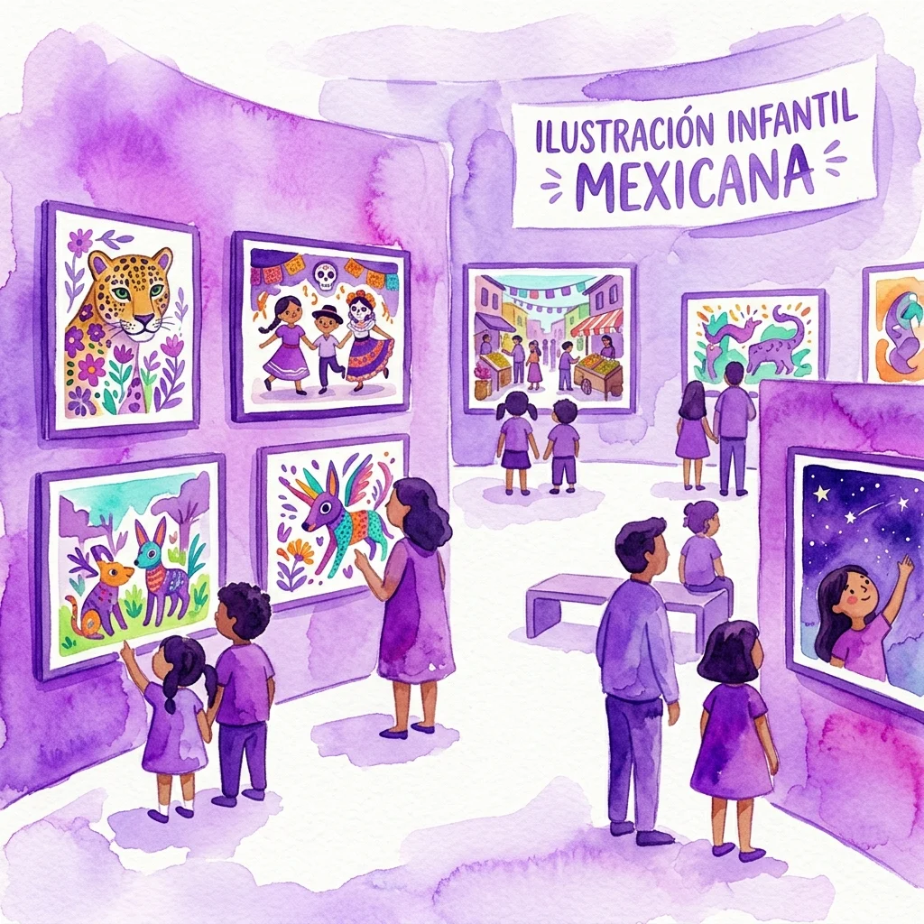 Dzieci i dorośli oglądają kolorowe meksykańskie ilustracje dla dzieci w galerii muzealnej, a na ścianie widnieje tablica z napisem 'Ilustración Infantil Mexicana'.