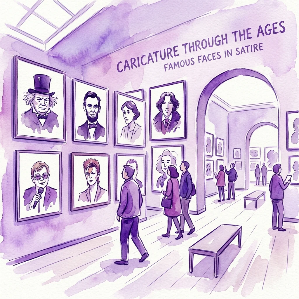 Illustration of a museum gallery featuring caricatures of famous figures like Abraham Lincoln and David Bowie, with visitors viewing the artwork under the exhibition title 'Caricature Through the Ages: Famous Faces in Satire'.