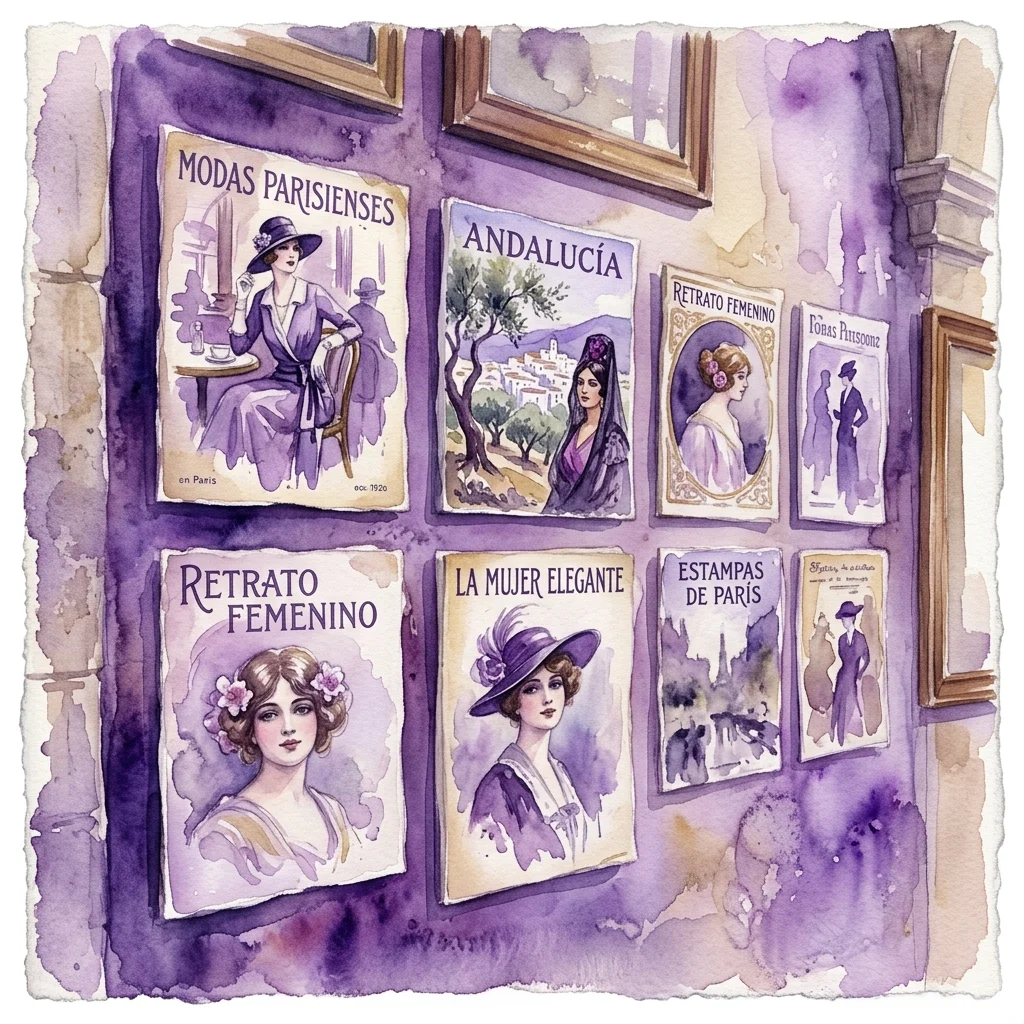 Ilustracja akwarelowa przedstawiająca okładki starych magazynów autorstwa Adolfo Lozano Sidro, z motywami takimi jak „Modas Parisienses”, „Andalucía” i „Retrato Femenino”, wywieszona na fioletowej ścianie w muzeum.
