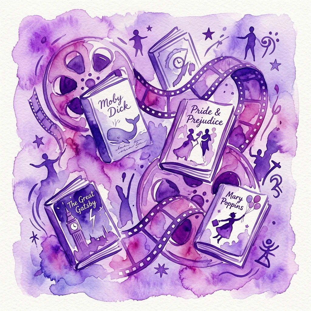 Een aquarelillustratie in paarse tinten met klassieke boeken zoals Moby Dick, Pride & Prejudice, The Great Gatsby en Mary Poppins, verweven met filmrollen en filmstroken, die de verbinding tussen literatuur en cinema weergeven.