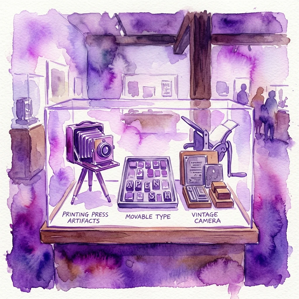 Ilustracja akwarelowa gabloty muzealnej przedstawiającej artefakty prasy drukarskiej, ruchome czcionki i zabytkowy aparat fotograficzny, będąca częścią wystawy 'Un rato con Torcuato' w ABC Museum of Drawing and Illustration.