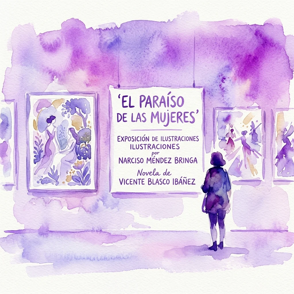 Ilustracja akwarelowa wystawy zawierającej ilustracje z powieści Vicente Blasco Ibáñeza „El Paraíso de las Mujeres” autorstwa Narciso Méndeza Bringi, z widzem oglądającym dzieło sztuki.