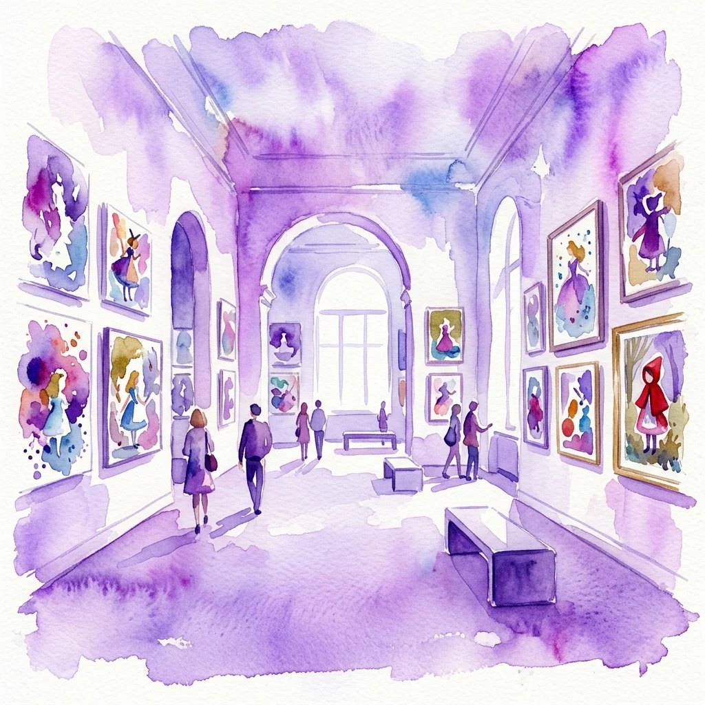 Ilustracja akwarelowa galerii muzealnej z odwiedzającymi oglądającymi kolorowe ilustracje z bajek na ścianach, przedstawiające postacie takie jak Czerwony Kapturek i Alicja z Krainy Czarów.