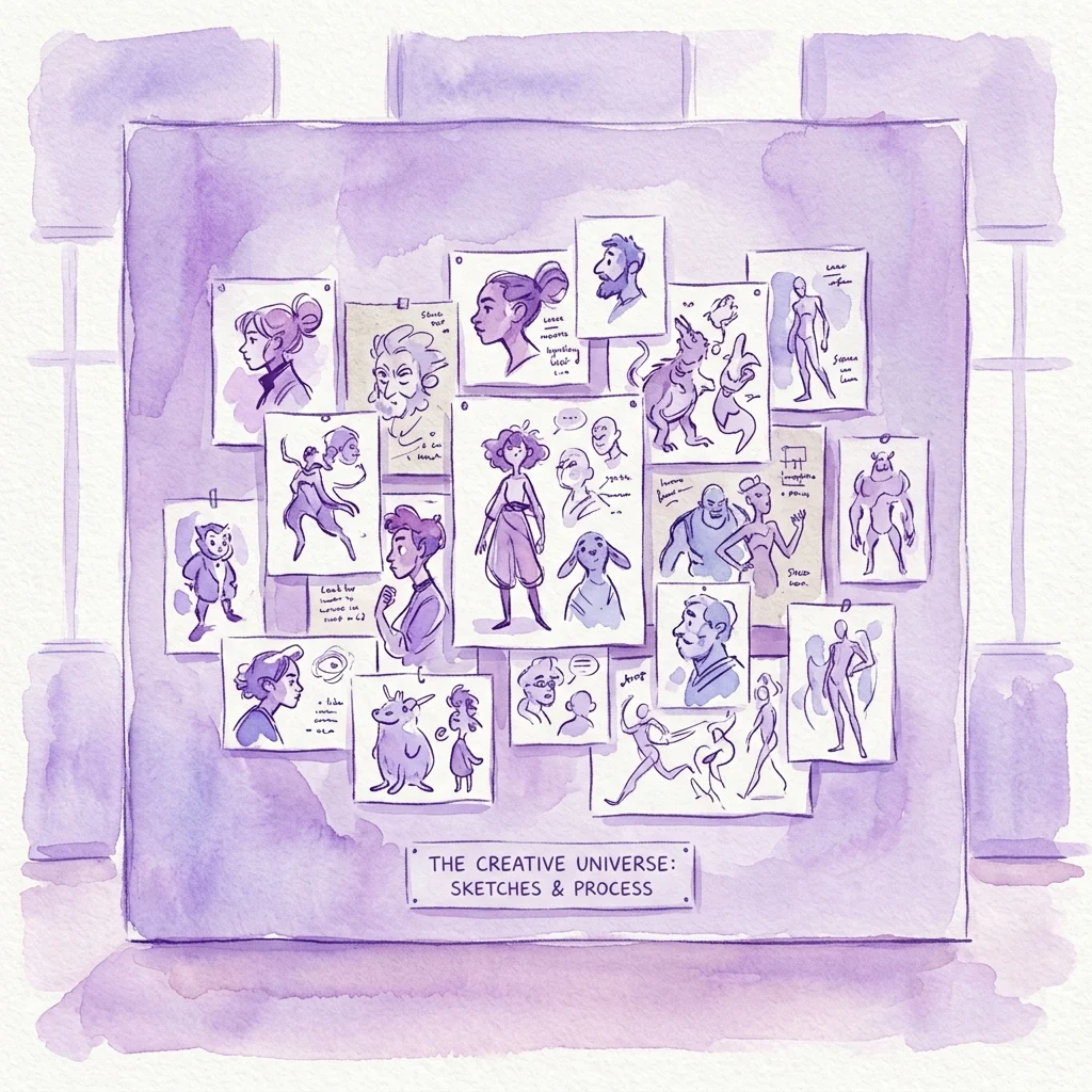 Ilustracja akwarelowa muzealnej ekspozycji przedstawiającej kolekcję szkiców postaci i rysunków autorstwa Javiera Pagoli, będącą częścią wystawy 'YO-TÚ', z tabliczką o napisie 'THE CREATIVE UNIVERSE: SKETCHES & PROCESS'.