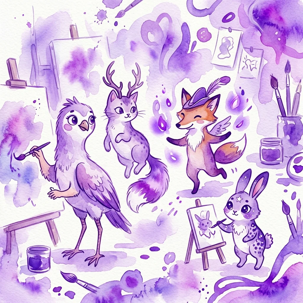 Bajkowa ilustracja akwarelowa antropomorficznych zwierząt w pracowni artystycznej, przedstawiająca ptaka, jelenio-kota, lisa i królika, wszyscy zaangażowani w malowanie i twórczość.