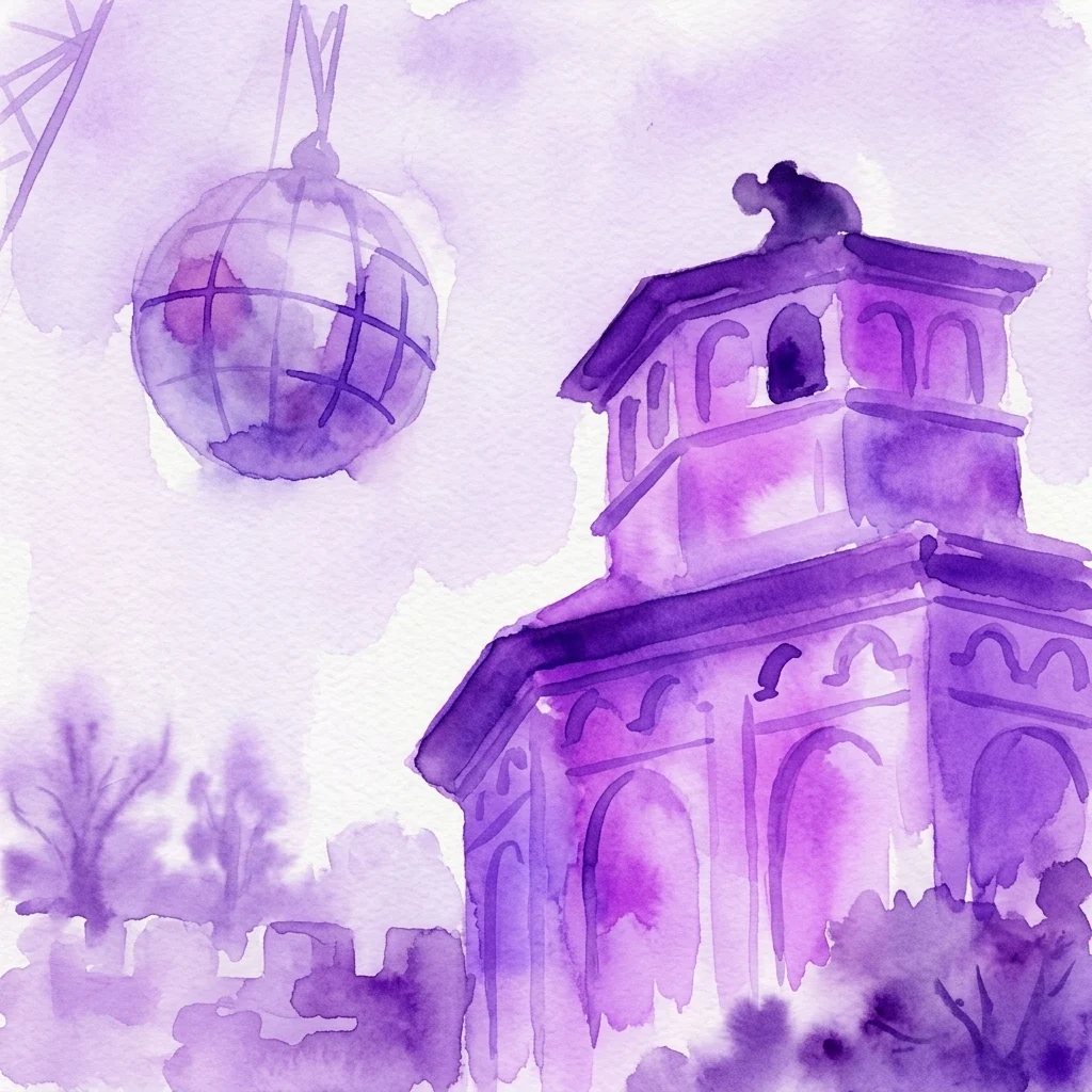 Ilustración en acuarela de color morado que muestra la torre de una capilla con ventanas arqueadas y un adorno esférico colgante.