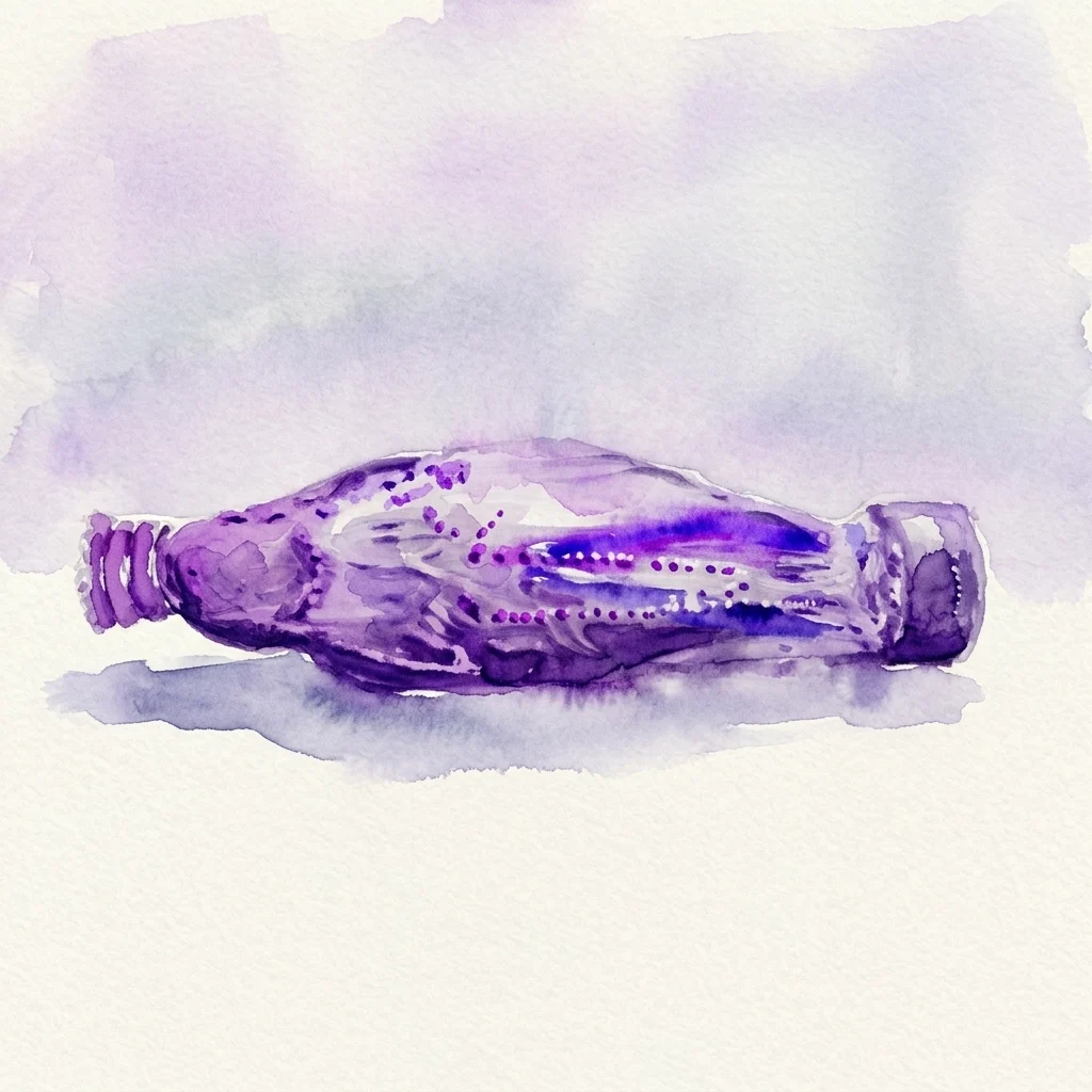 Acuarela minimalista de una botella morada en posición horizontal sobre un fondo de color lavanda apagado, expuesta en la muestra 'It Is' de Jean De Groote.