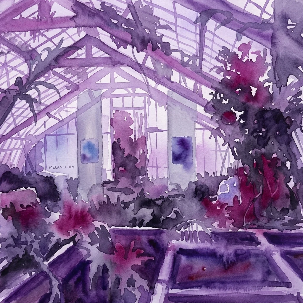 Una acuarela en tonos morados y rosas del interior de un invernadero lleno de plantas y vigas estructurales, que presenta la palabra "MELANCHOLY" en una pared.