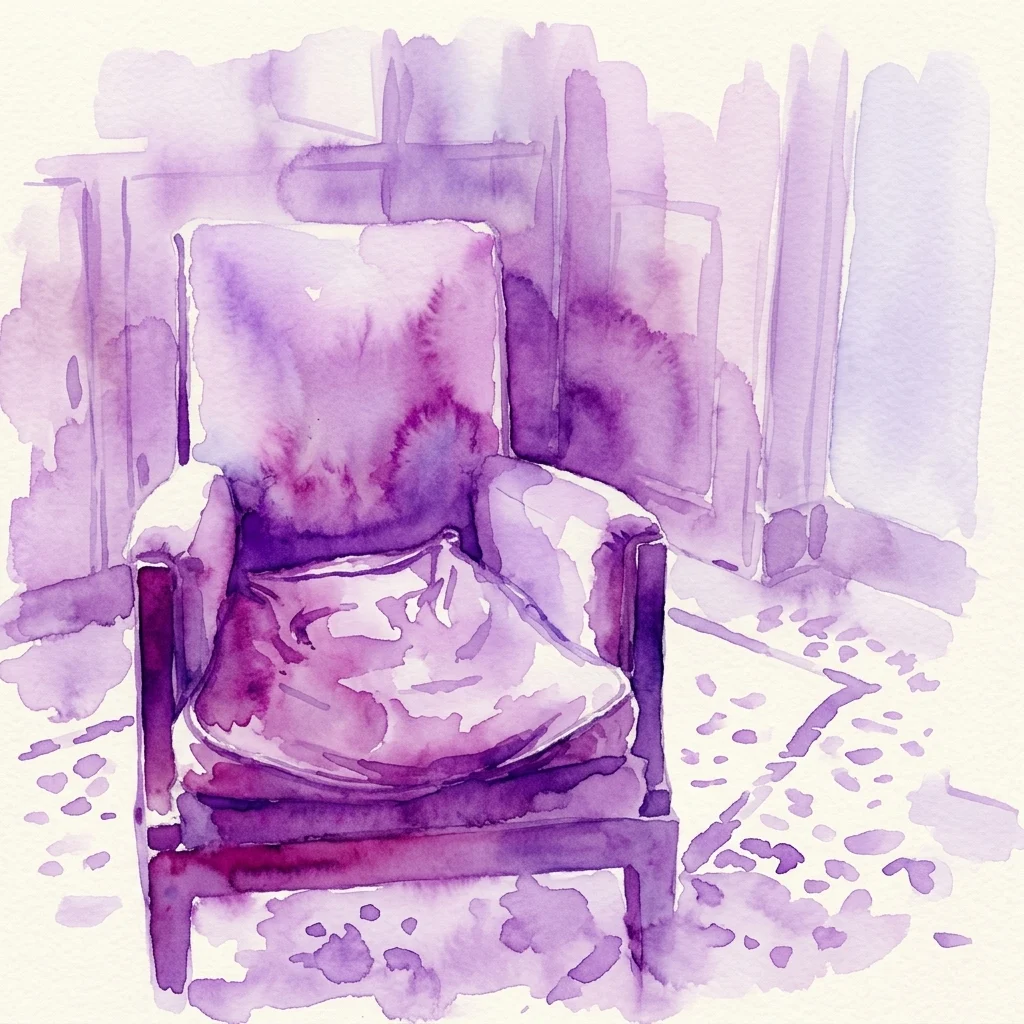 Acuarela en tonos violetas de un sillón solitario en un espacio interior suavemente representado, que evoca serenidad y observación silenciosa.