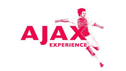 Czerwone logo 'Ajax Experience' ze stylizowanym piłkarzem w ruchu na białym tle