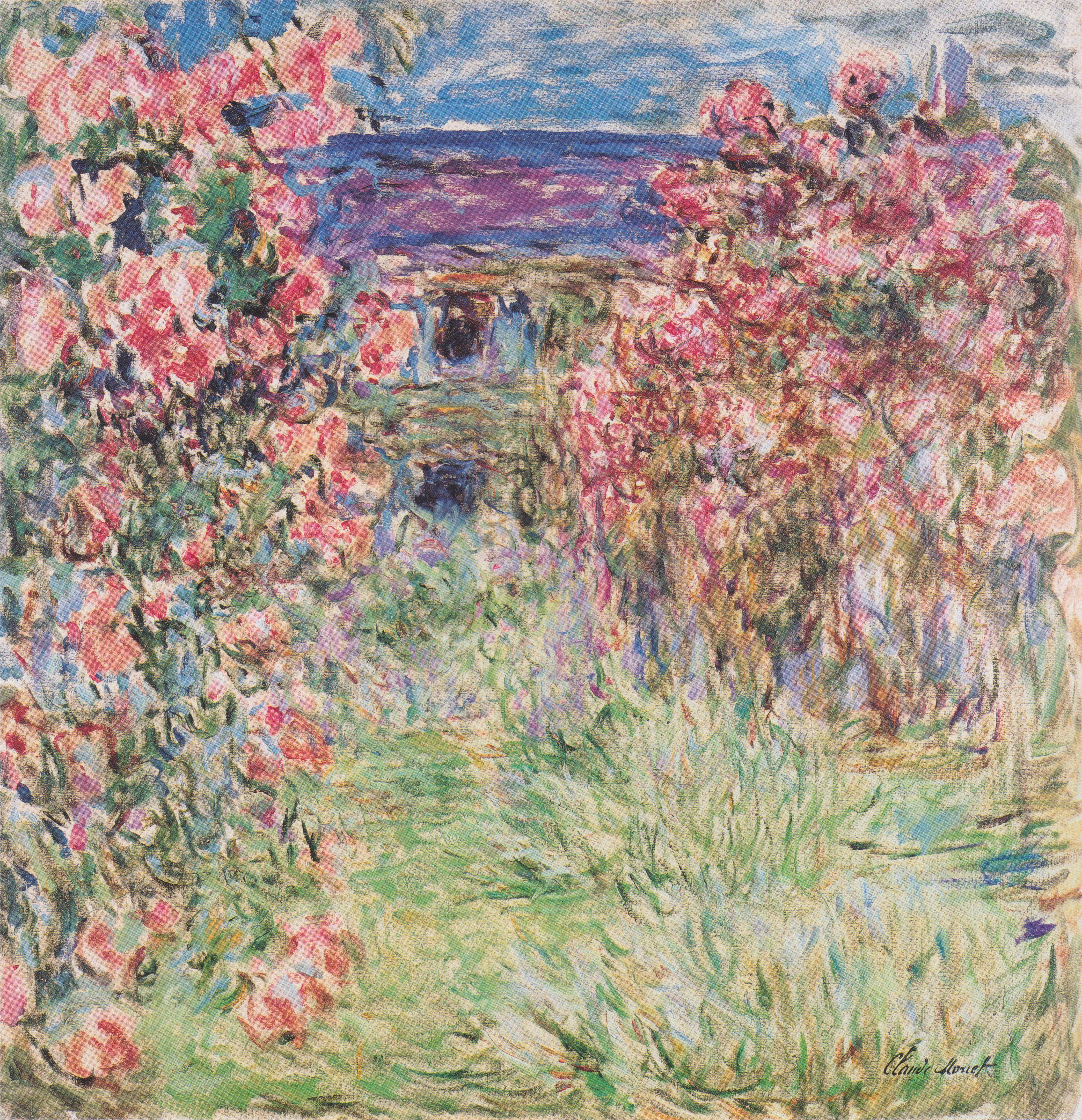 Impressionistisch schilderij van een tuin met roze rozen en een pad