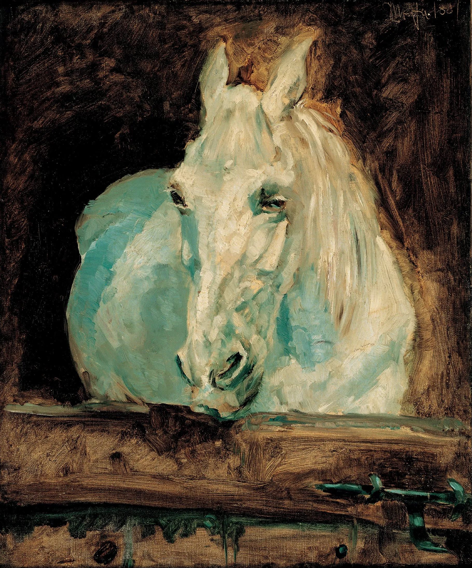 Een schilderij van een wit paard met een turquoise lichaam tegen een donkere achtergrond