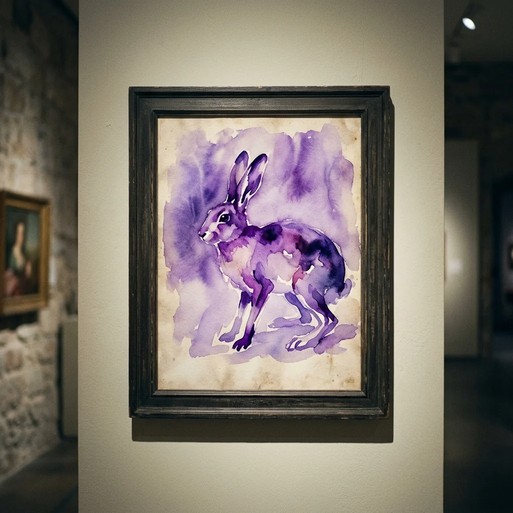 Una acuarela de una liebre en tonos púrpuras, expuesta en un marco oscuro en la pared de una galería, que recuerda al estilo de Albrecht Dürer.