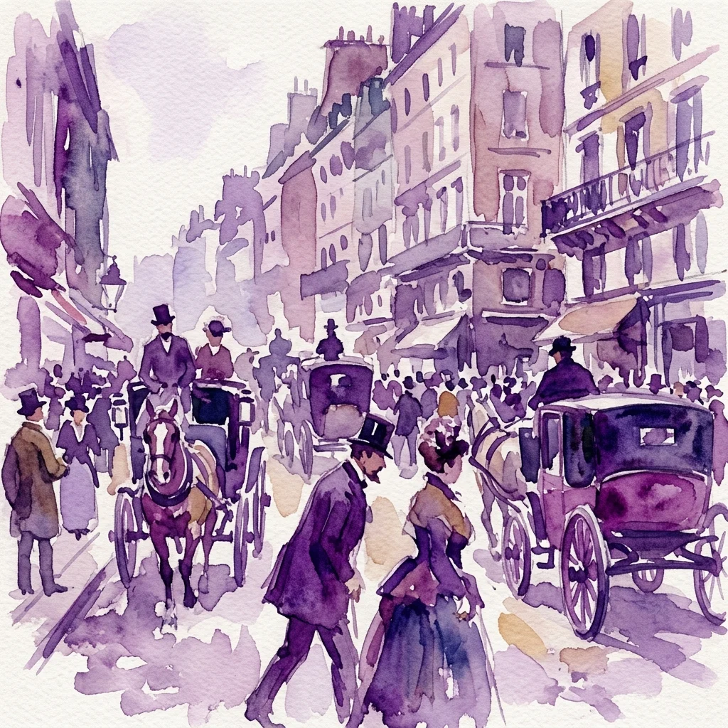 Una ilustración en acuarela de una escena callejera parisina del siglo XIX con carruajes tirados por caballos, peatones con ropa de época y edificios, representada en un estilo satírico con tonos morados y marrones apagados.
