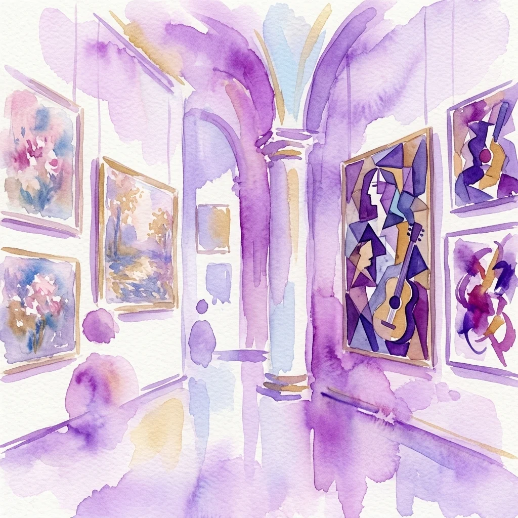 Ilustración en acuarela de una galería de arte con arcos y paredes de tonos púrpuras, que exhibe pinturas que incluyen una pieza de guitarra estilo cubista y obras florales impresionistas.