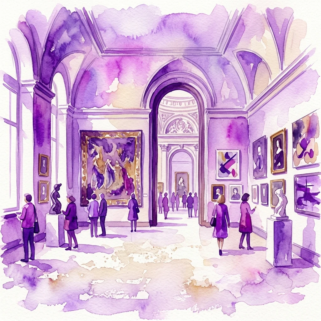 Ilustracja akwarelowa galerii muzealnej z odwiedzającymi oglądającymi dzieła sztuki na ścianach i rzeźby na postumentach, wykonana w odcieniach fioletu i beżu.