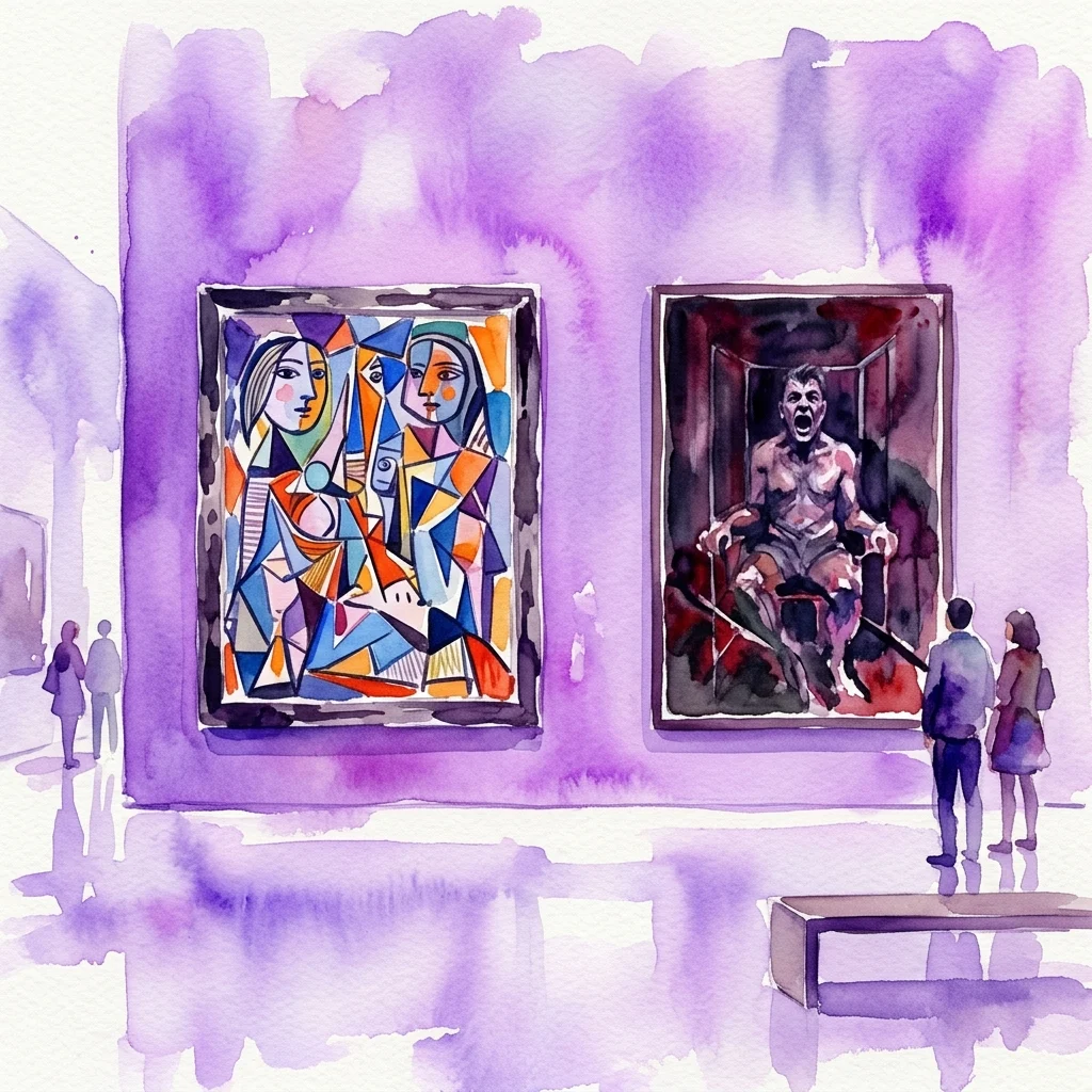 Waterverfillustratie van een galerie met twee schilderijen: een kubistisch werk in Picasso-stijl met gefragmenteerde figuren en felle kleuren, en een vervormd figuur in Bacon-stijl in een donkere, expressieve compositie, naast elkaar tentoongesteld.