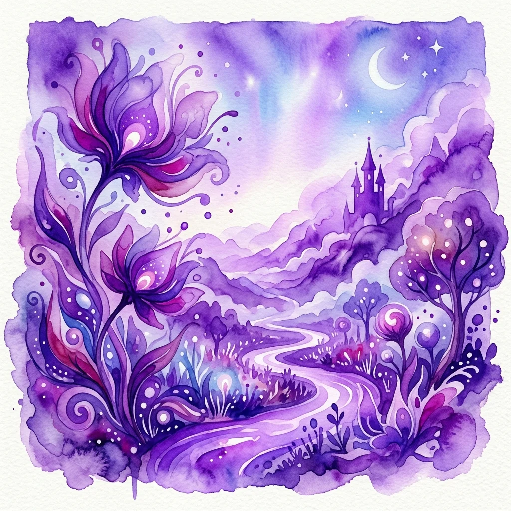 Una vibrante pintura de acuarela púrpura de Shara Hughes, que presenta paisajes de ensueño con flores exageradas, un río sinuoso y un castillo bajo un cielo iluminado por la luna.