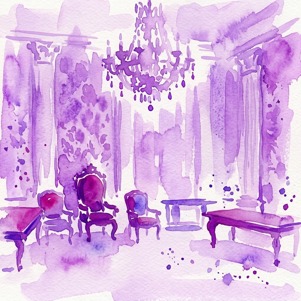 Una ilustración en acuarela morada de una ornamentada sala histórica con muebles clásicos, candelabros y revestimientos de pared detallados, que evoca el lujo imperial.