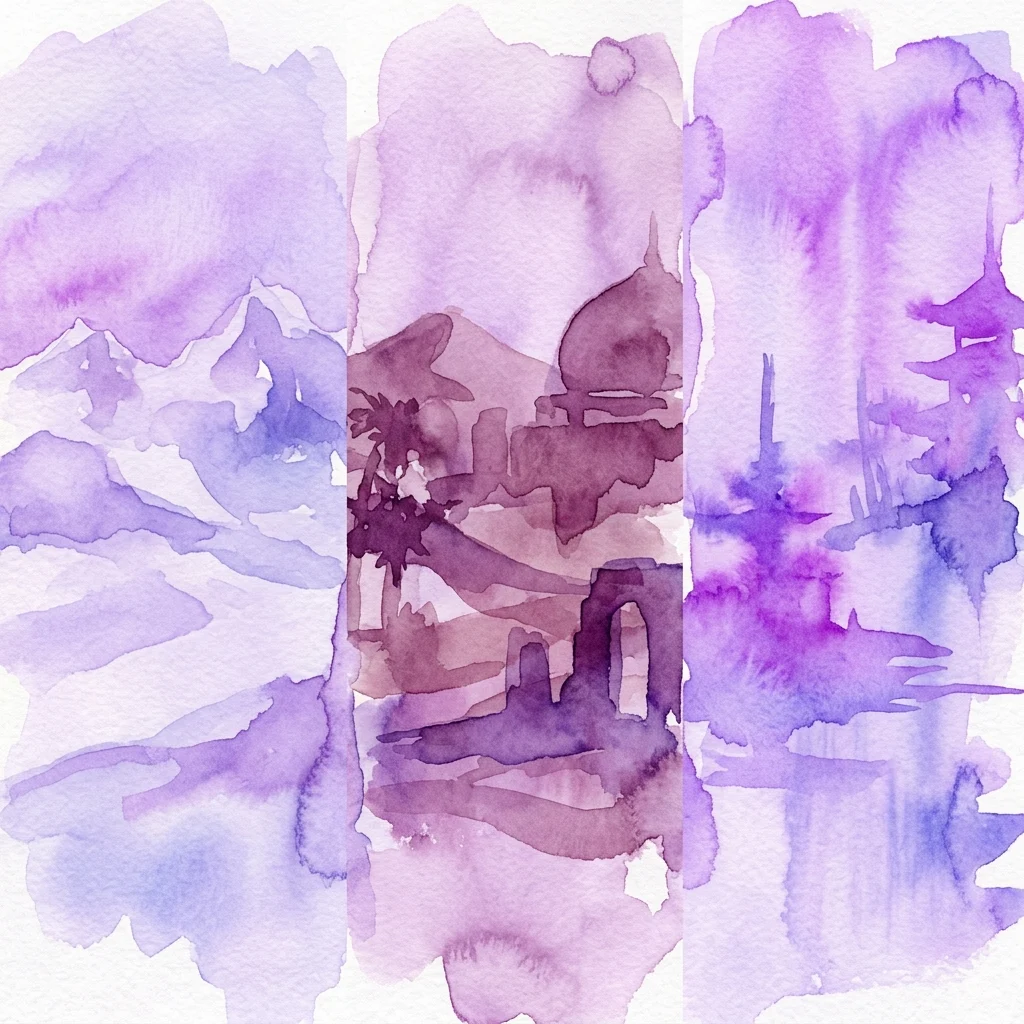 Tríptico de acuarela en tonos púrpuras y azules que representa cordilleras, arquitectura de Oriente Medio y pagodas japonesas, evocando temas de fotografía de expedición del siglo XIX.