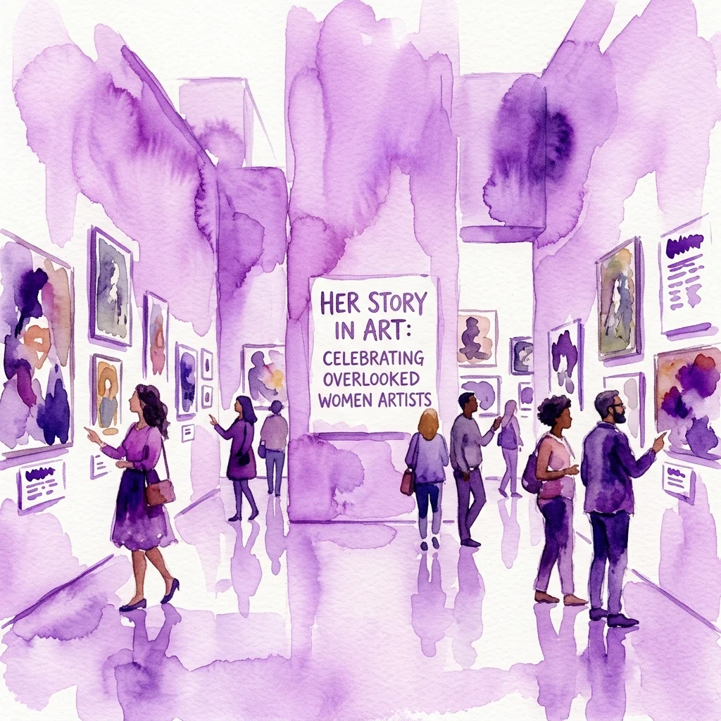 Ilustracja akwarelowa galerii muzealnej z odwiedzającymi oglądającymi dzieła sztuki. Centralny znak głosi „Her Story in Art: Celebrating Overlooked Women Artists” (Jej historia w sztuce: celebrując niedoceniane artystki), podkreślając wystawę poświęconą artystkom w Albertina Museum.