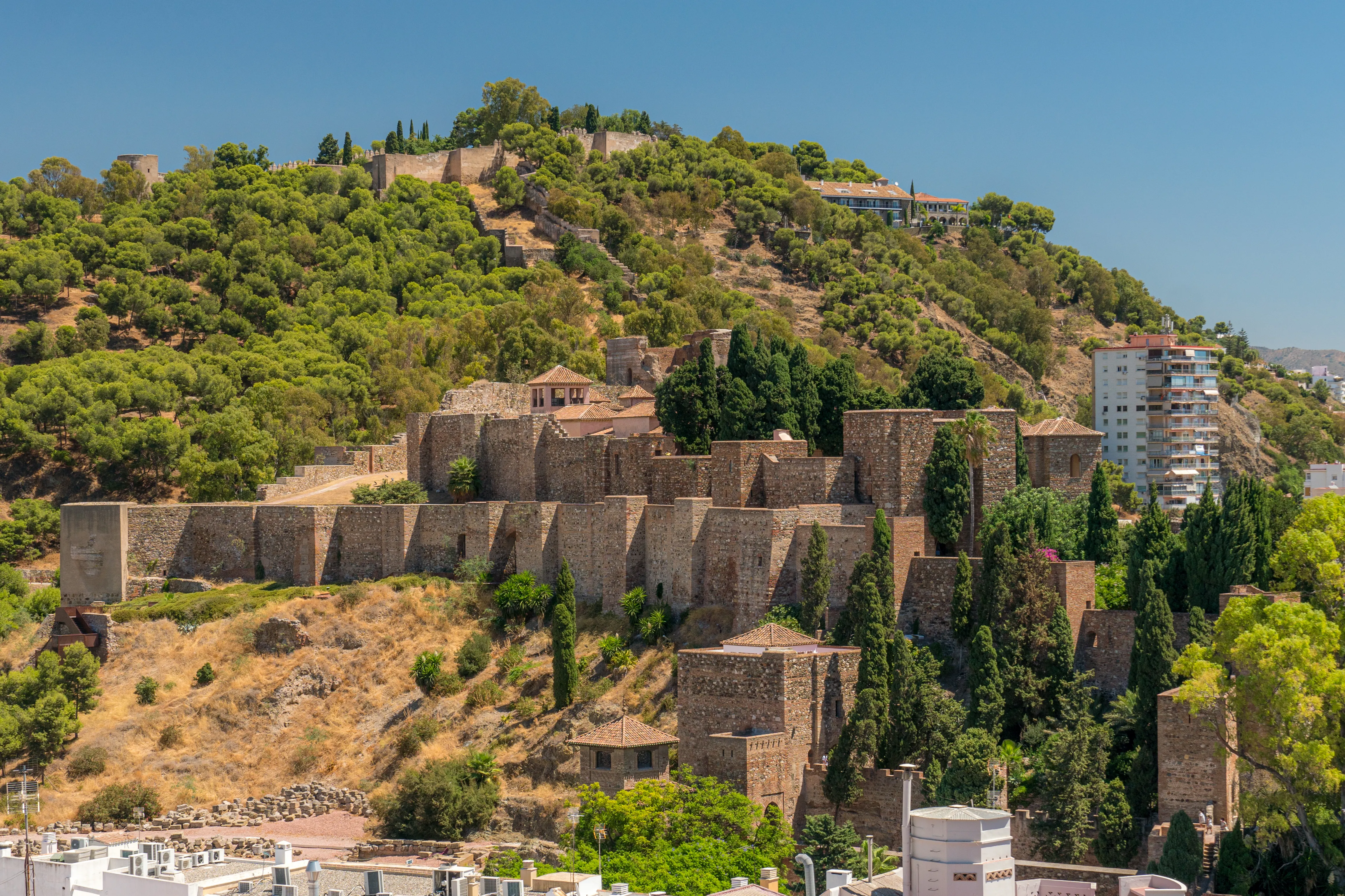 Las murallas y torres de la Alcazaba de Málaga elevándose sobre una ladera verde con edificios modernos visibles en la base.