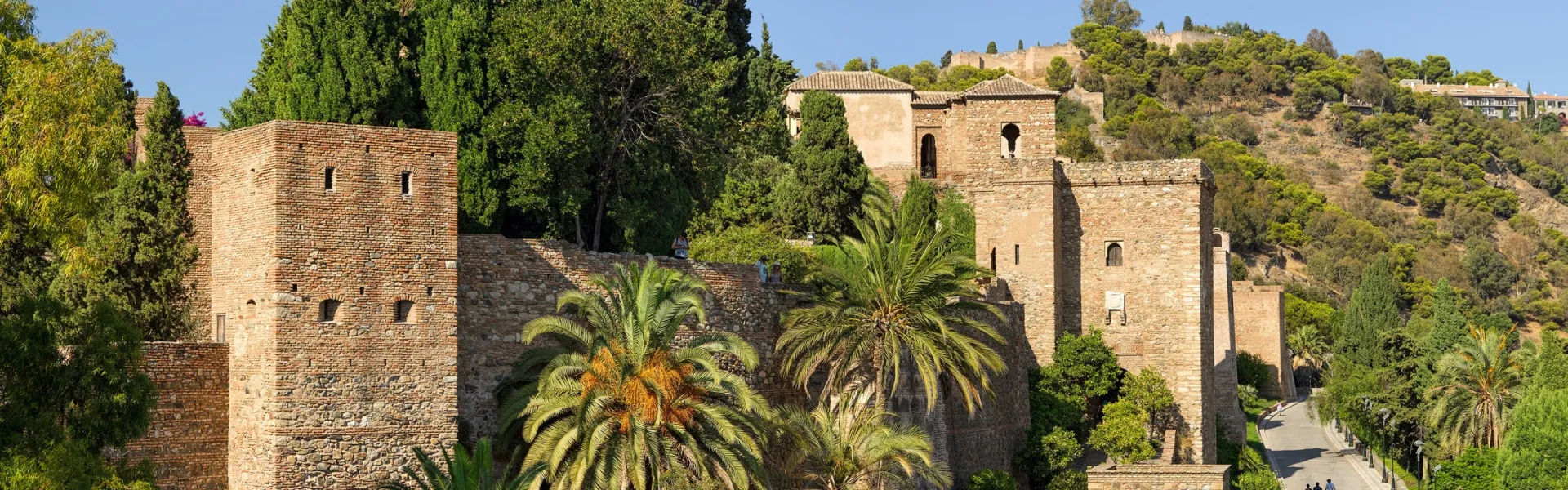 Murallas y torres de piedra de la Alcazaba de Málaga, rodeadas de palmeras y una ladera verde bajo un cielo azul despejado