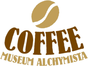 Logo for Alchymist Coffee Museum with a coffee bean and text on a black background