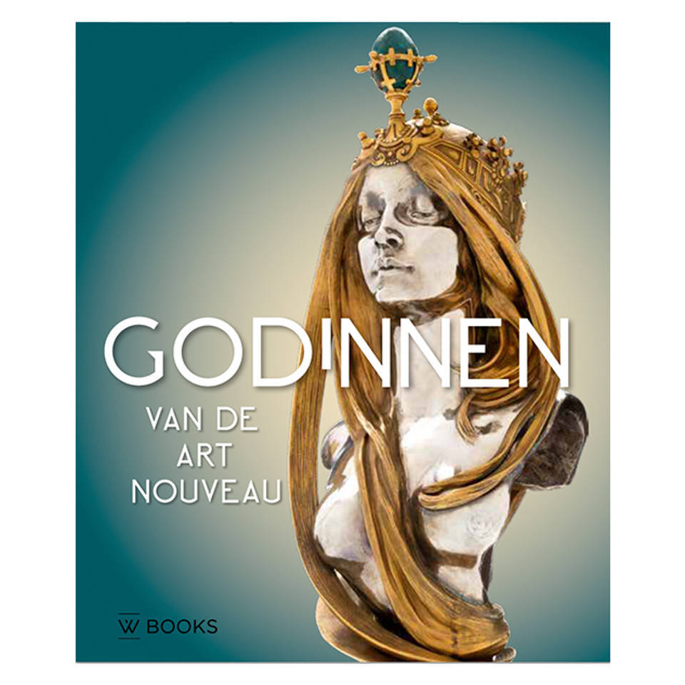 Promotional poster for Goddesses of Art Nouveau exhibition featuring a white and gold bust of a woman with flowing hair and crown on teal background