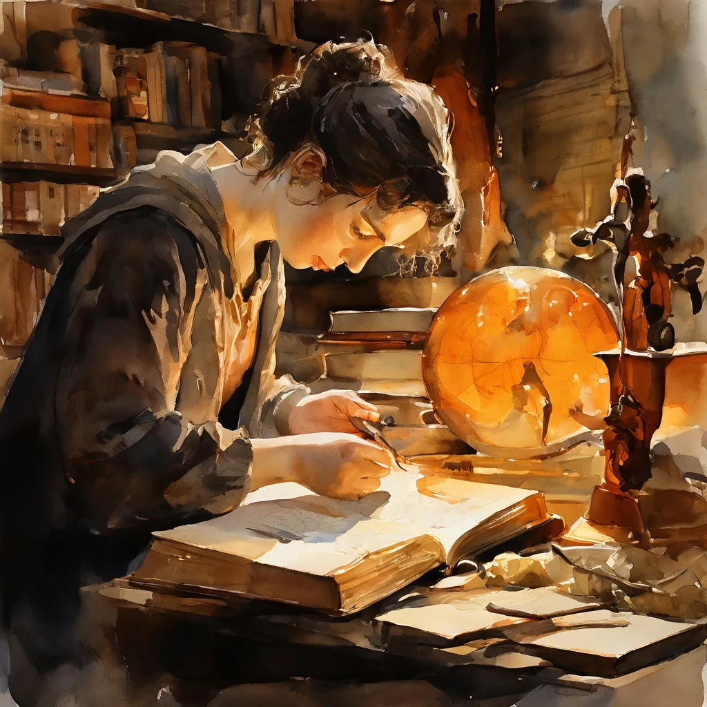 Una imagen de primer plano que muestra las manos de un investigador examinando un artefacto antiguo, rodeado de libros abiertos y documentos de archivo en la biblioteca del Museo Allard Pierson, simbolizando un profundo estudio académico.