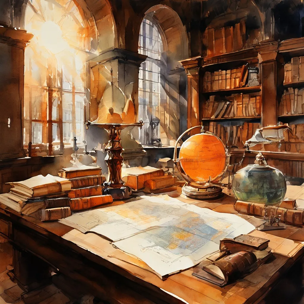 Een schemerige, oude studeerkamer in het Allard Pierson Museum, gevuld met historische artefacten, manuscripten en kaarten, wat een sfeer van diep academisch onderzoek oproept.