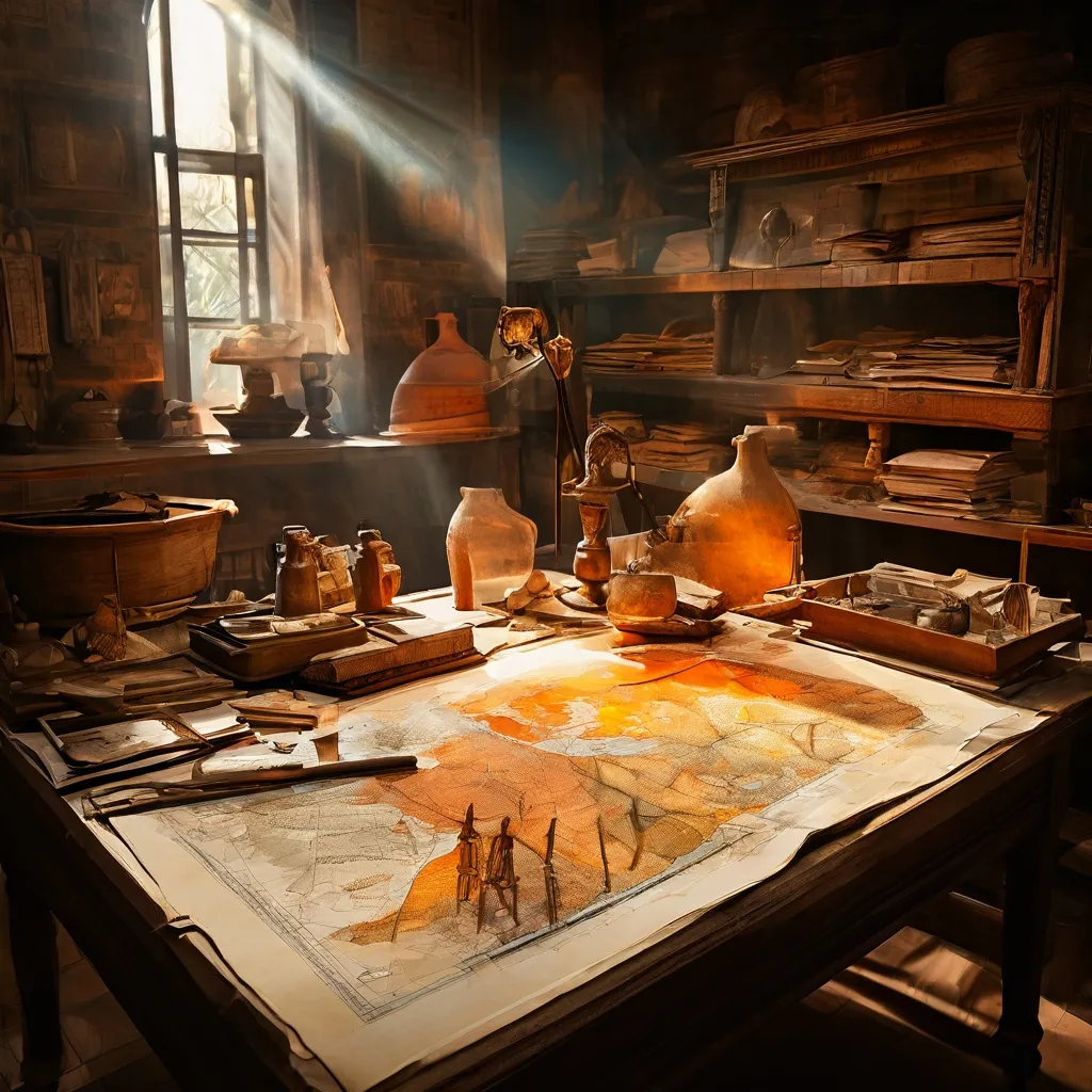 Artefactos arqueológicos, como fragmentos de cerámica antigua y herramientas, expuestos bajo una iluminación de museo suave, representando la investigación de colecciones del Museo Allard Pierson.