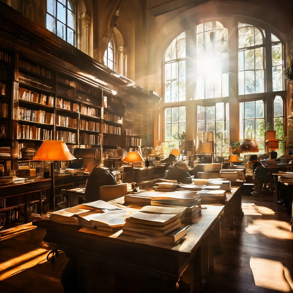 Een rustige en goed verlichte leeskamer in het Allard Pierson Museum, met onderzoekers die zich aan houten bureaus richten op boeken en historische documenten. Hoge boekenkasten langs de muren suggereren een plek voor diep academisch onderzoek.
