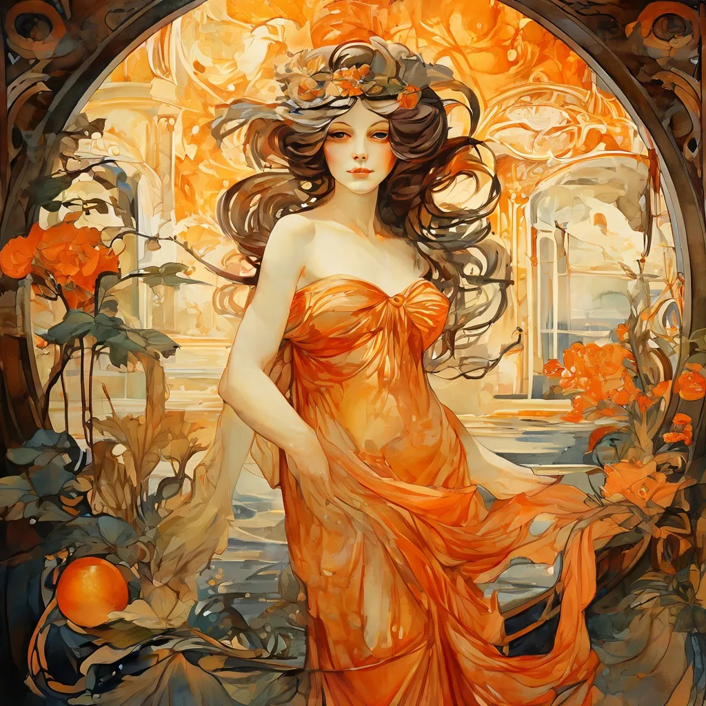An artistic rendering inspired by Art Nouveau, featuring elegant female forms and flowing natural designs, set within a museum gallery at the Allard Pierson Museum.