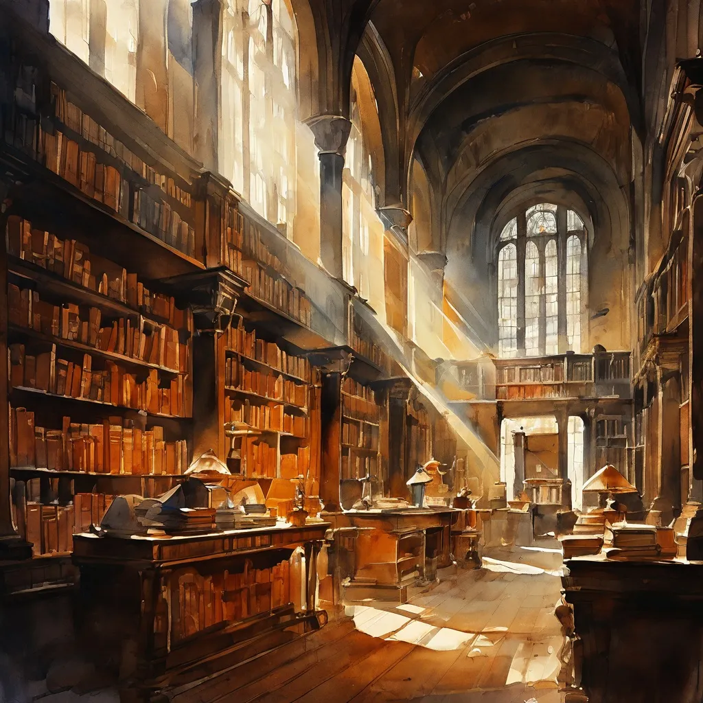 Wnętrze zabytkowej biblioteki z wysokimi drewnianymi regałami wypełnionymi starymi książkami i zwojami, sugerujące ogromną i cenną kolekcję Bibliotheca Rosenthaliana w Muzeum Allard Pierson.