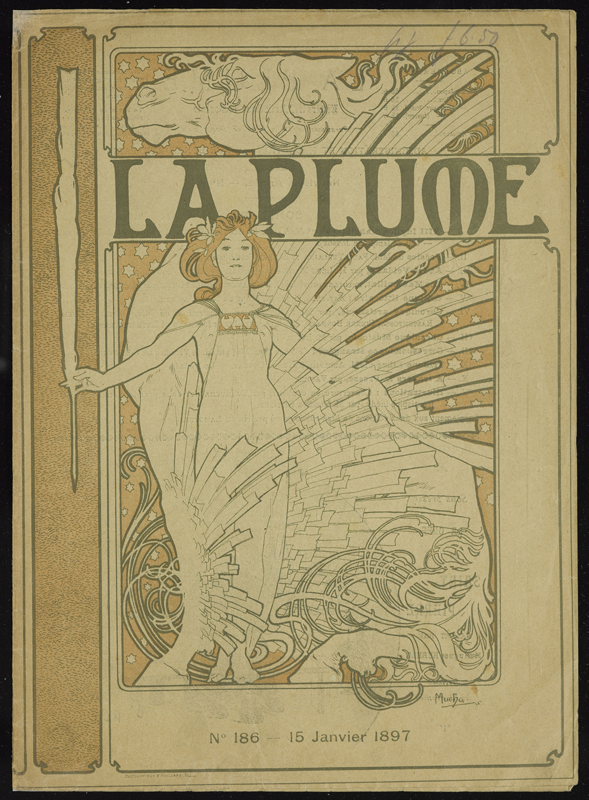 Vintage Art Nouveau magazine cover 'La Plume' featuring a woman with flowing hair, ornate patterns, and text dated 15 January 1897.
