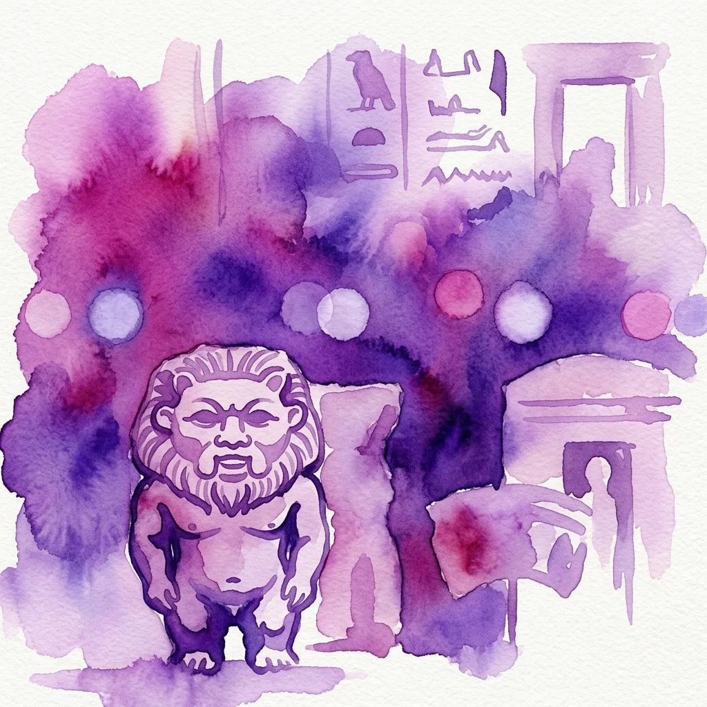 Ilustracja akwarelowa starożytnego egipskiego boga Besa, przedstawionego jako karzeł z lwiej grzywy, otoczonego hieroglifami i artefaktami w artystycznym stylu fioletowo-różowym.