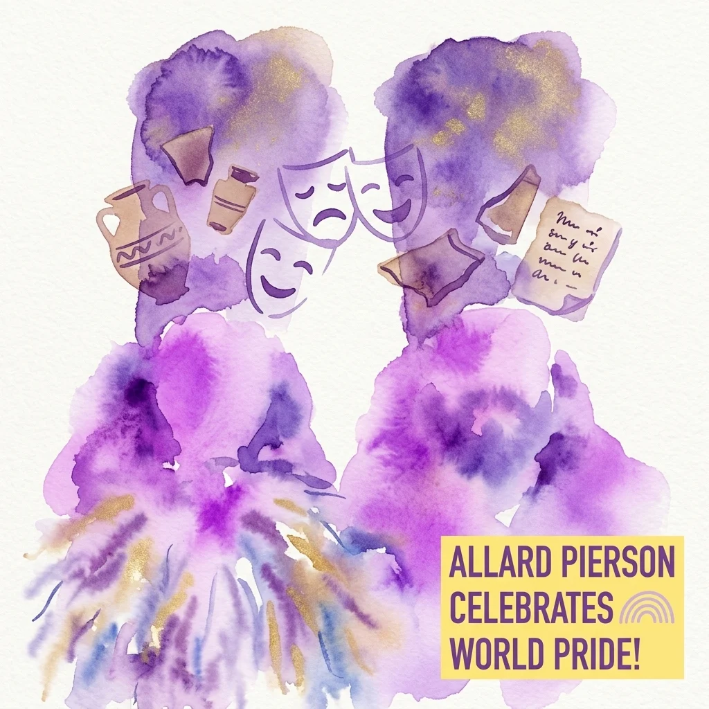 Watercolor illustration in purple and gold featuring theatrical masks, pottery fragments, and a handwritten note, with text reading 'Allard Pierson celebrates World Pride!'