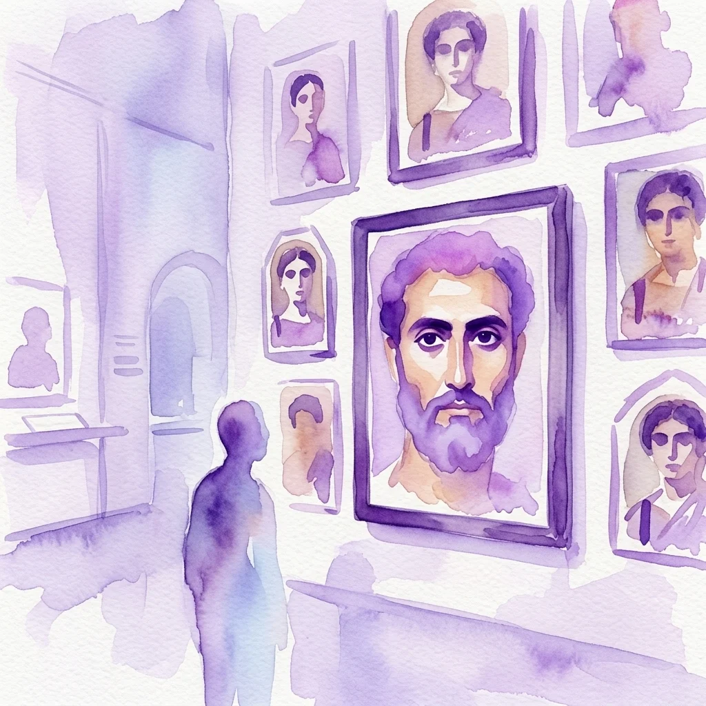 A watercolor illustration of a museum gallery with ancient Egyptian mummy portraits on display, featuring realistic painted faces from Roman Egypt (1st-4th century AD) and a visitor observing the art.