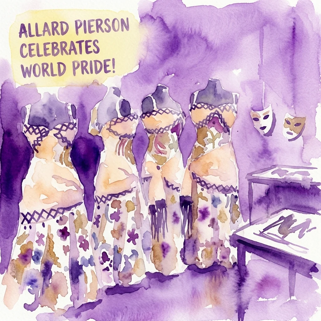 Watercolor illustration of theatrical costumes on mannequins with fringe details, two theatrical masks, and display tables. A yellow label reads 'Allard Pierson Celebrates World Pride.'