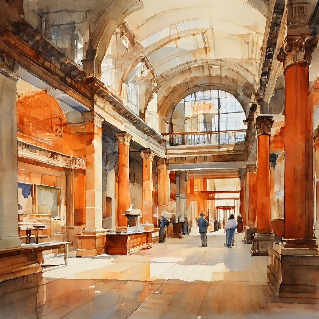 Interior of the Allard Pierson Museum, featuring a grand hall or exhibition space with subtle signs of ongoing maintenance, such as protective coverings or a small ladder, indicating temporary closures for operational work.