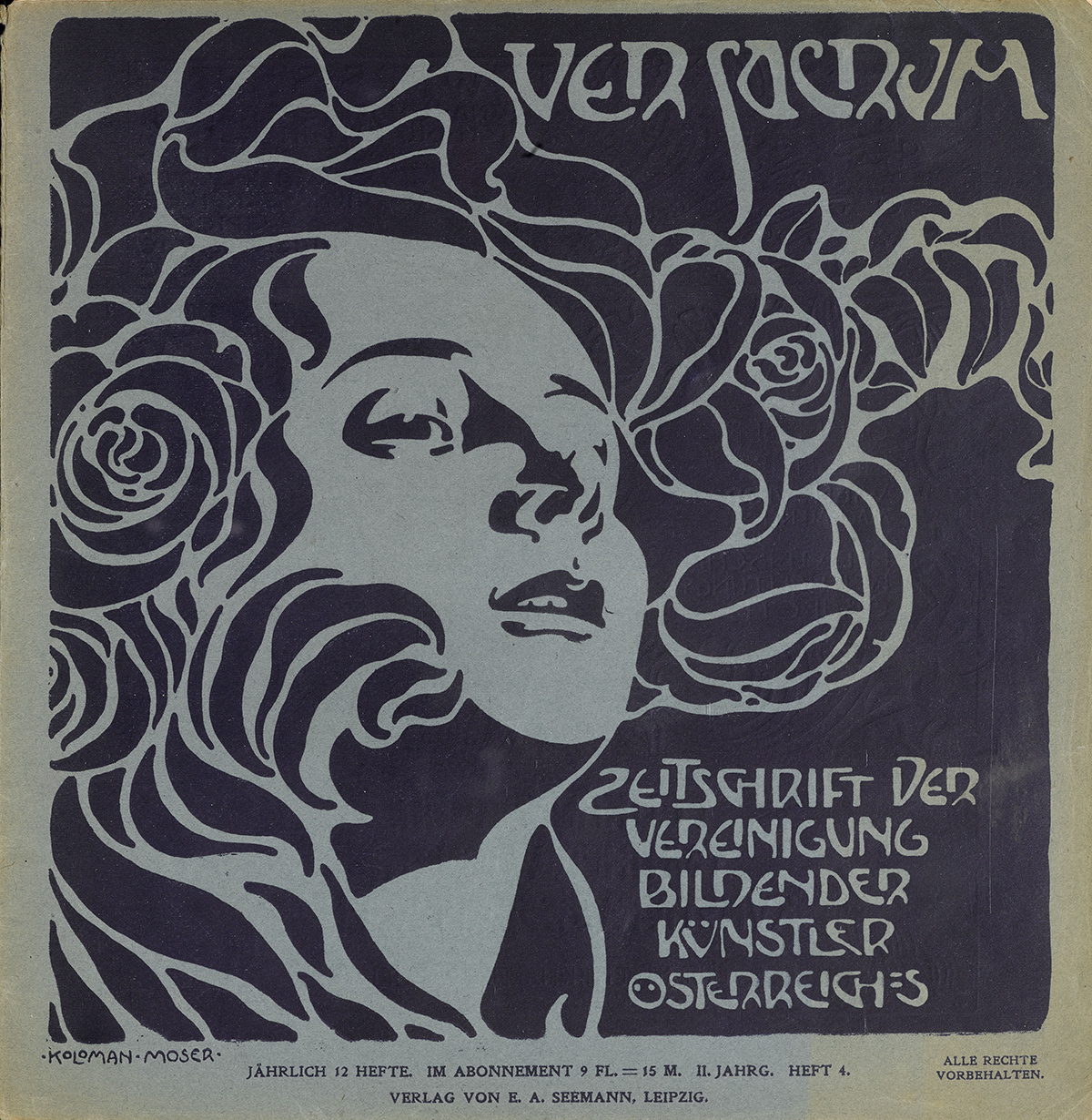 Art Nouveau-poster met een vrouwelijk profiel omringd door gestileerde rozen en Duitse tekst 'Ver Sacrum' van de Oostenrijkse kunstenaarsvereniging