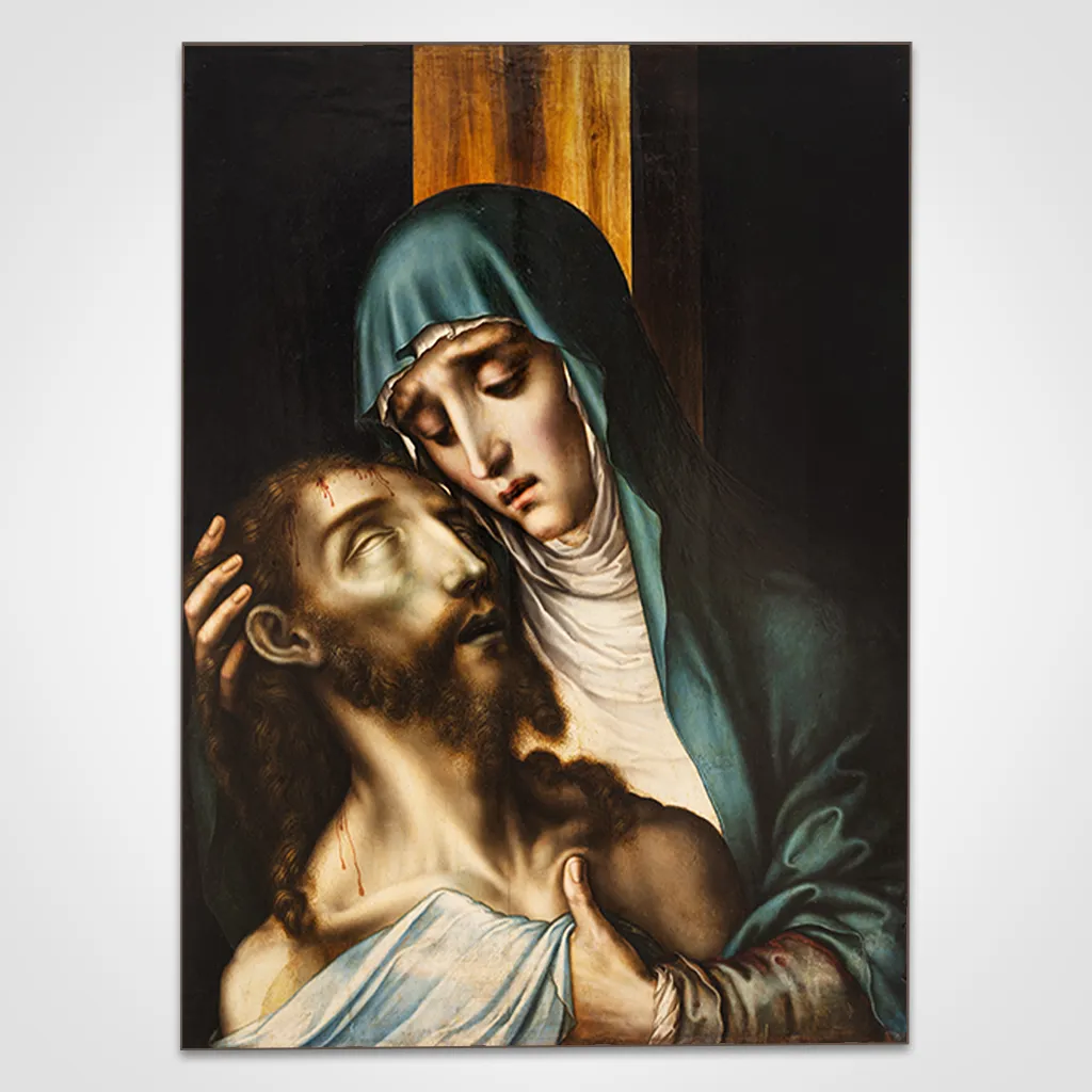 A painting of the Virgin Mary holding Jesus Christ, with dark background and religious imagery