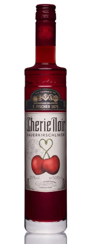 A bottle of Cherie Noir Sauerkirschklikör with a red liquid and a label featuring two cherries and a heart shape