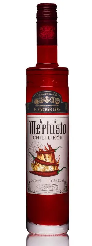 red bottle of Mephisto Chili Likör with label showing chili peppers and flames